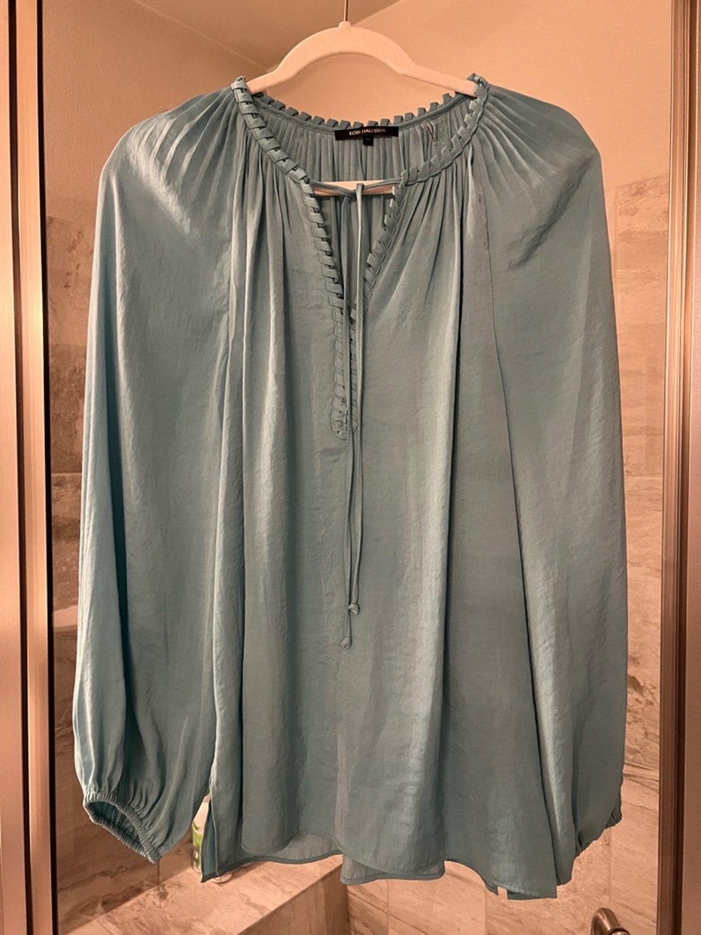 Kobi Halperin Dusty Blue Peasant Top with Tie Neck